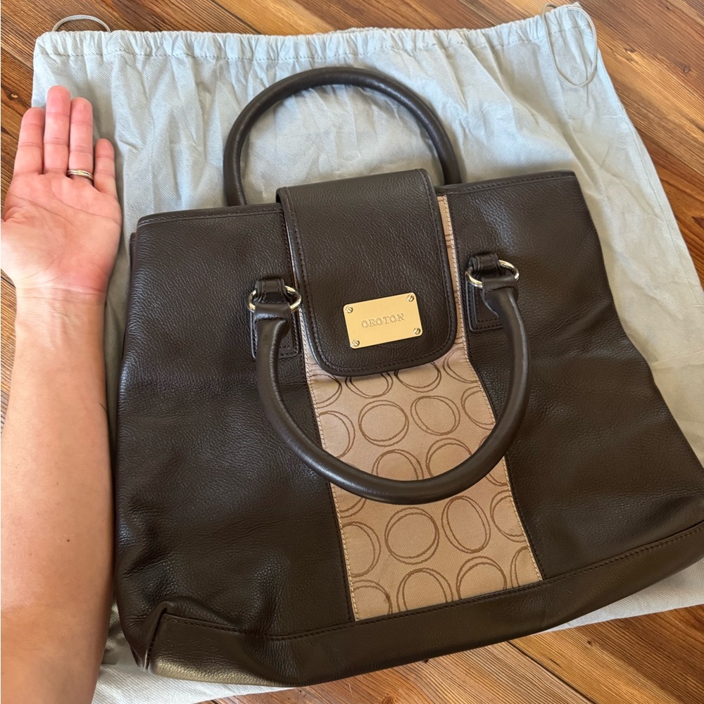 New Oroton Jacquard & Leather Tote Handbag Brown Beige - Picture 3 of 3